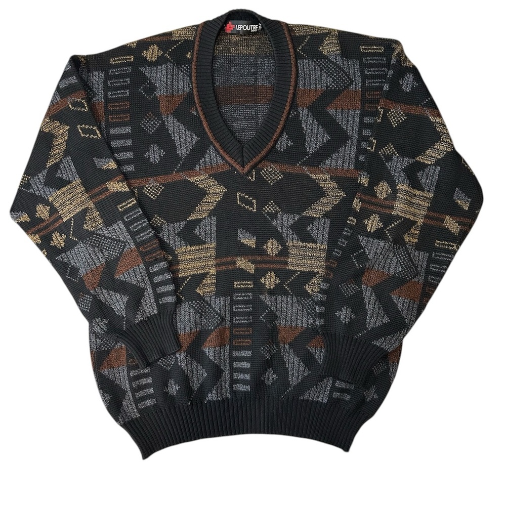 Lepoutre Paris V-Neck Sweater Black with Geometric Pattern size XL